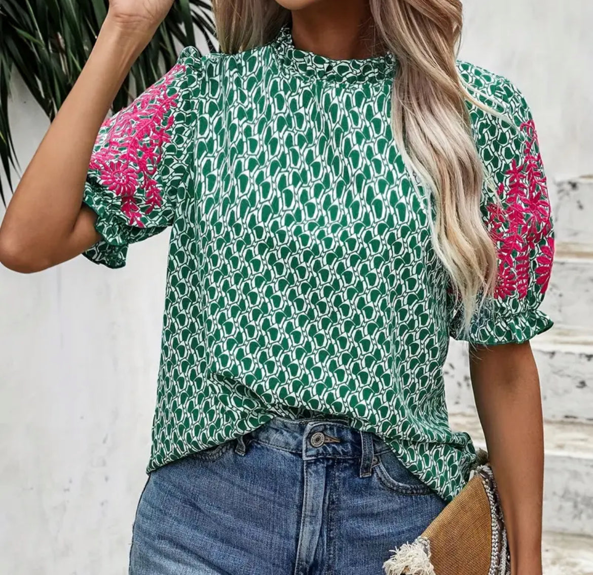 Emerald & Pink Embroidered Blouse